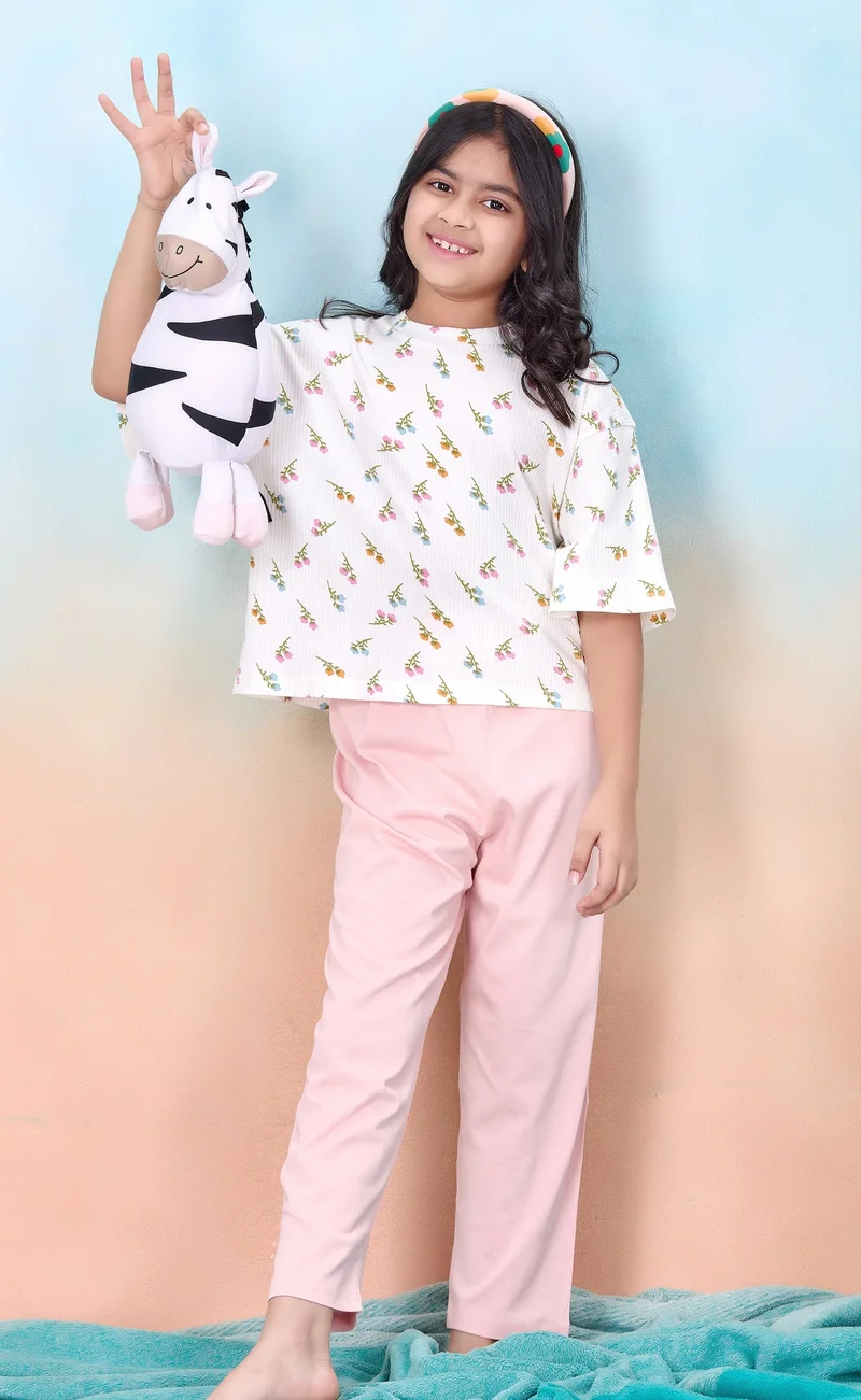 Artemea  Floral printed Girls Premium Boxy T shirt and Peach Pajama  set (2pc set -Top & Bottom) for Women | Best Price UAE